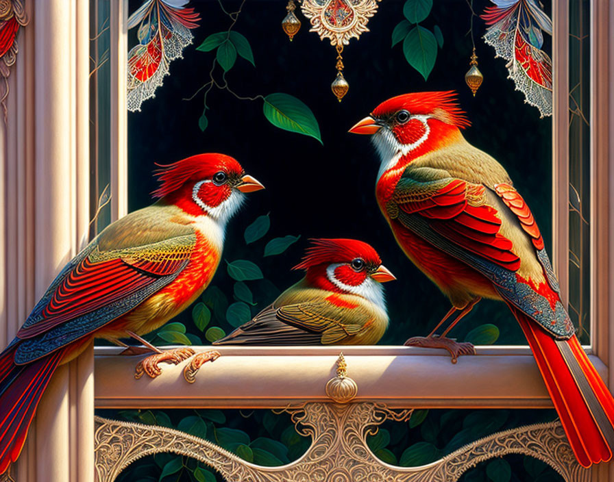 Vibrant red cardinals on ornate window ledge with dark background