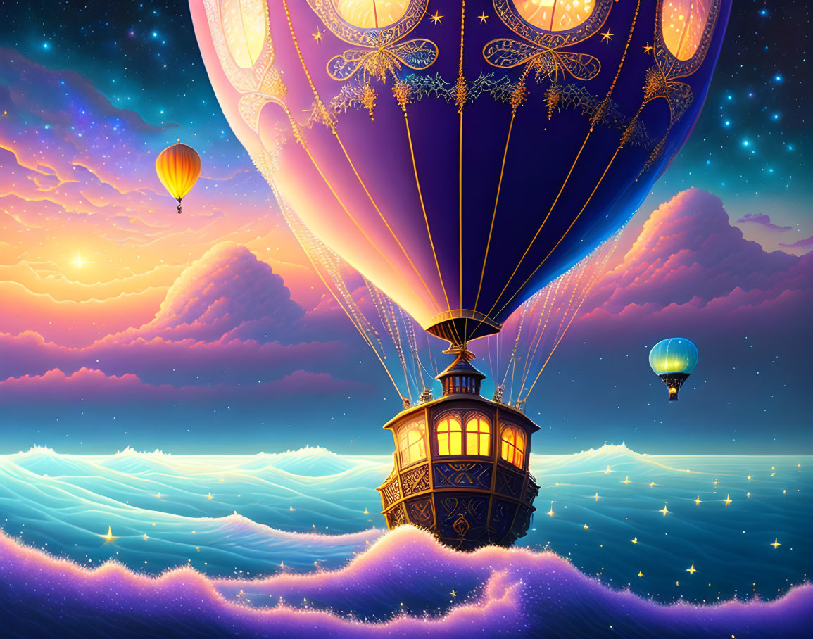 Colorful hot air balloons float above glowing wave-like clouds in a fantastical scene under a starry