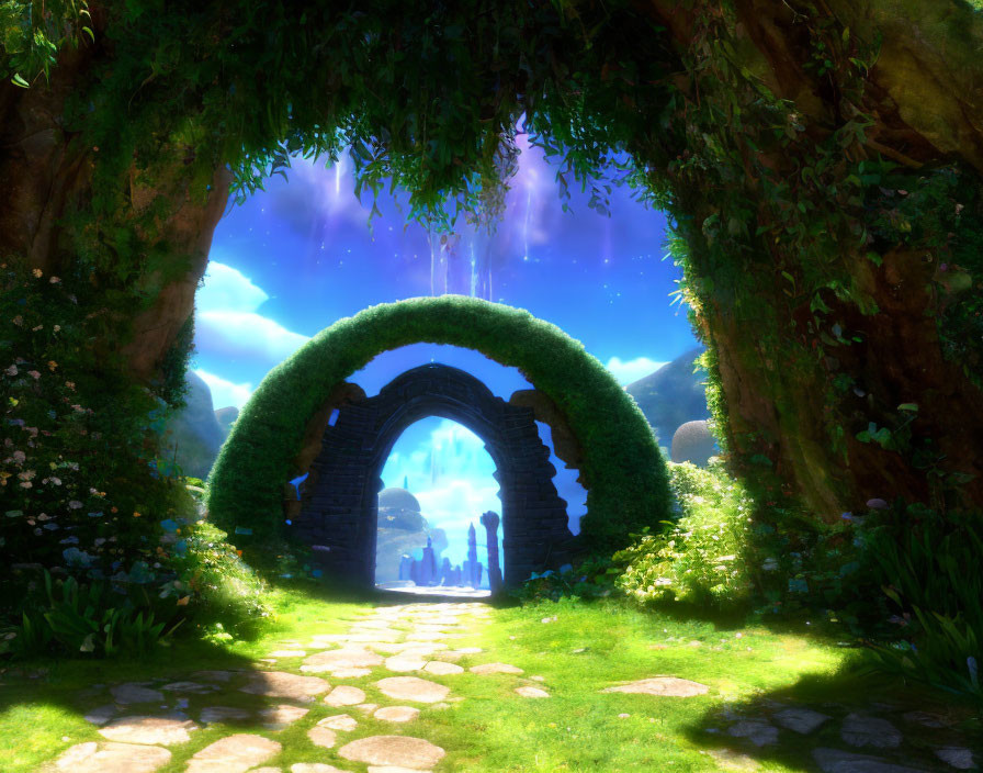 Idyllic archway of trees and ancient stones under clear blue sky