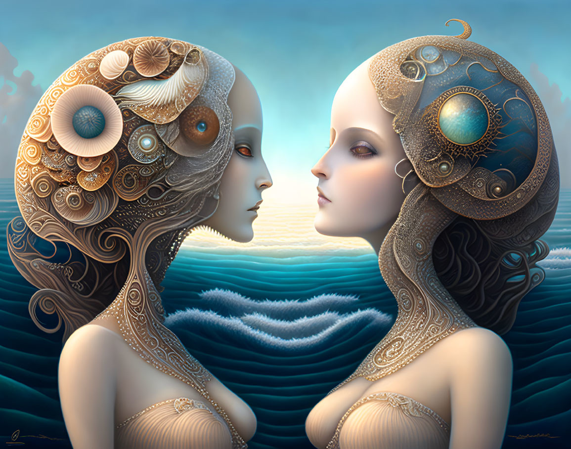 Ornate mechanical figures with human-like faces against ocean waves and sunset.