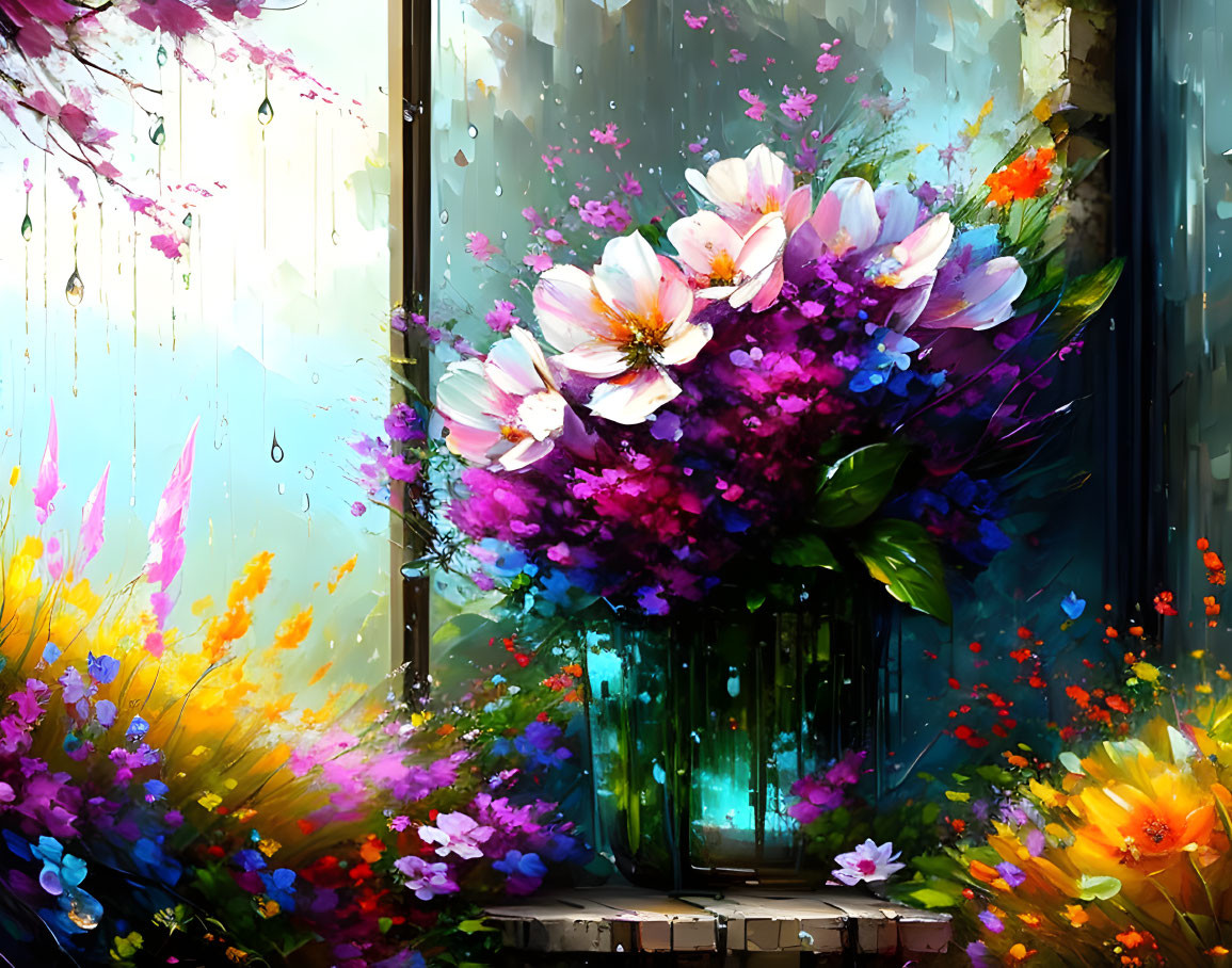 Colorful Bouquet in Glass Vase Digital Painting with Light Streaks