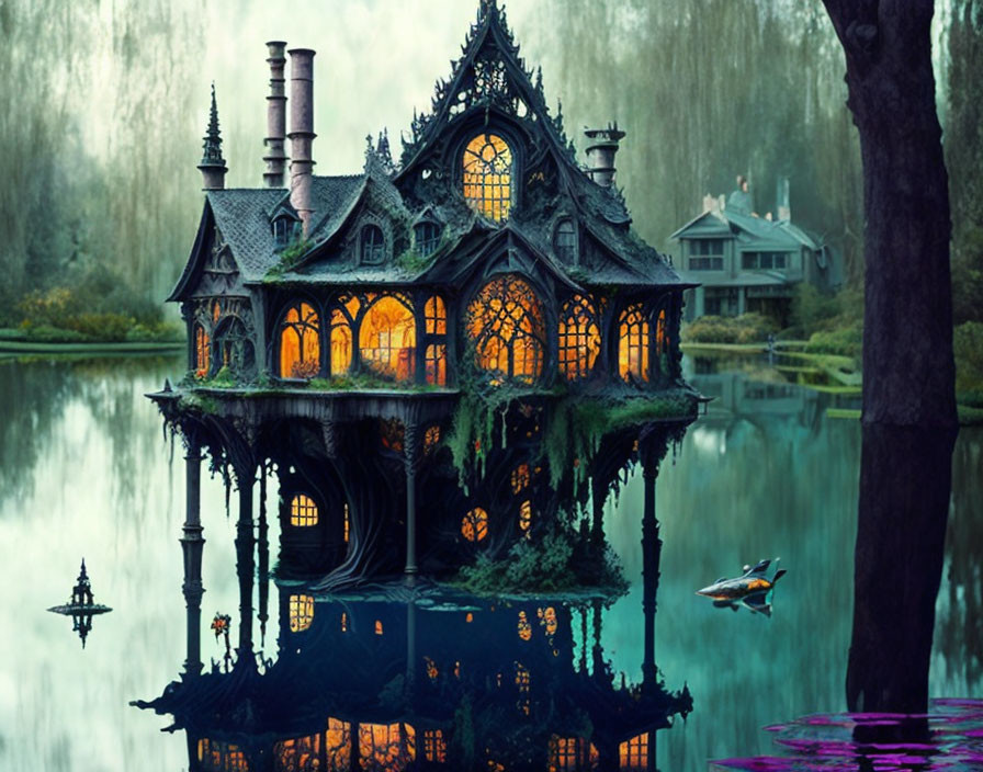 Victorian-style house on lake with glowing windows, misty forest, and duck.