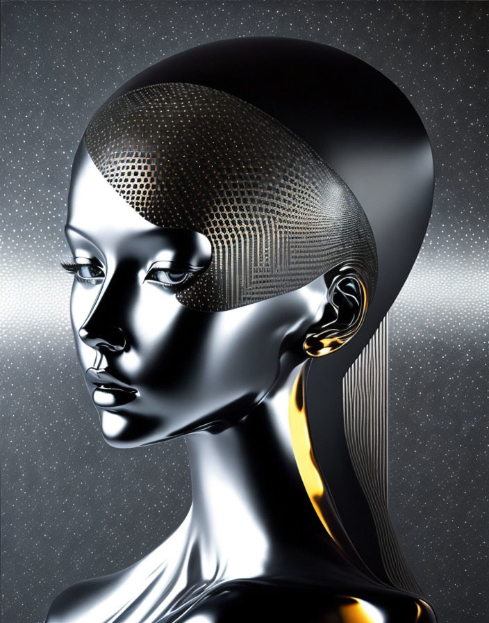 Digital Art: Female Figure with Metallic Finish and Textured Patterns