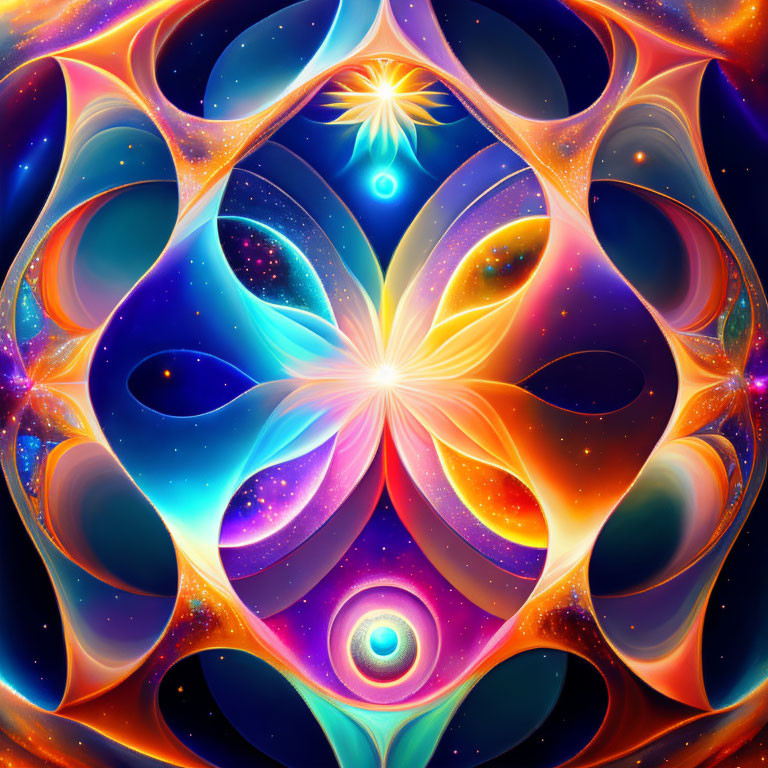 Symmetrical cosmic and floral digital art with warm and cool tones