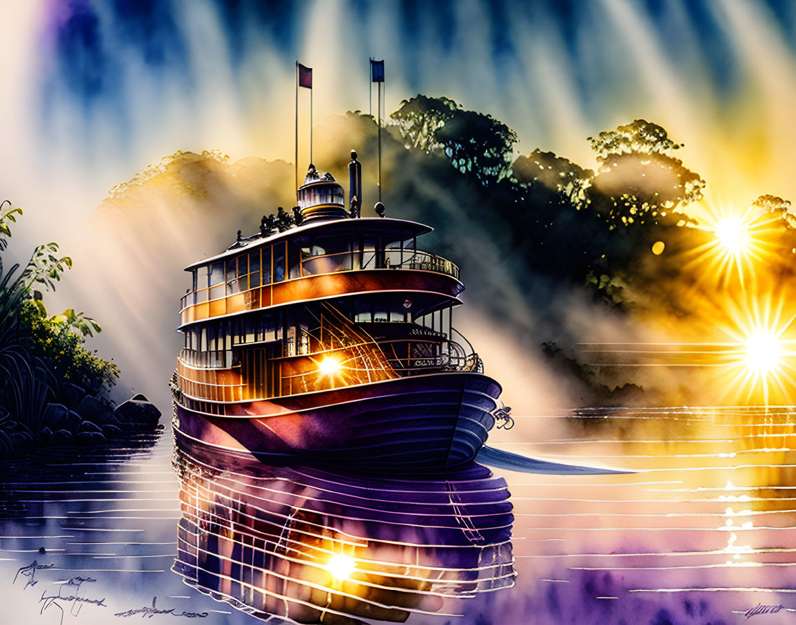 Vintage paddle steamer boat on water at sunrise or sunset with sunlight through trees.