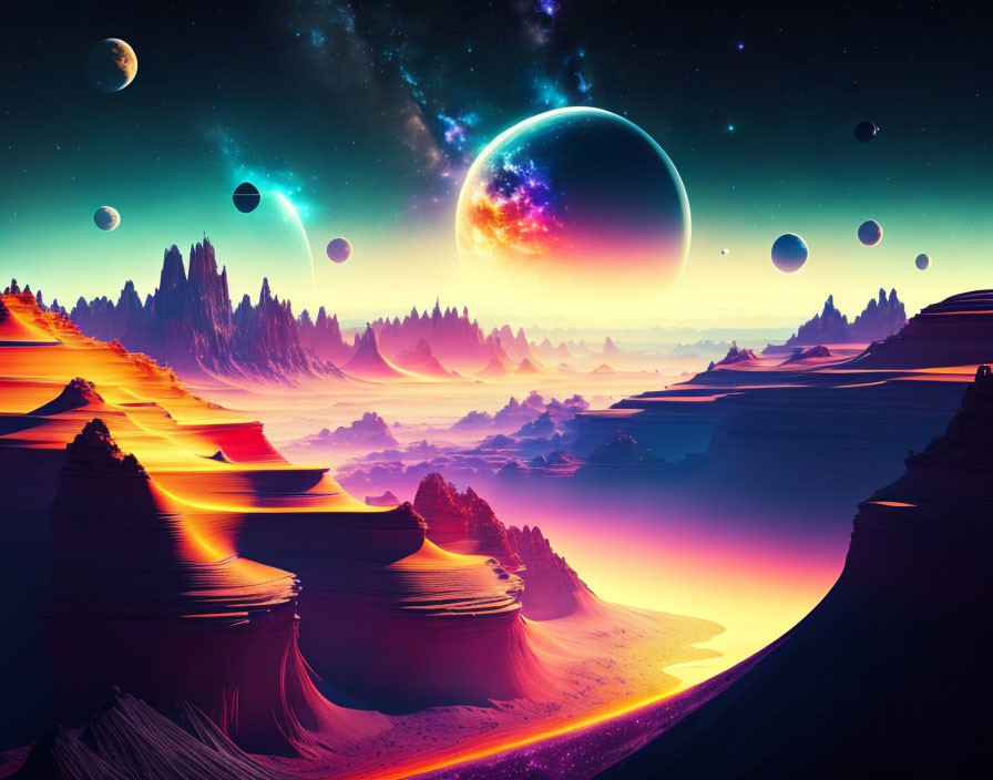 Colorful layered rock formations under starry sky with multiple moons.