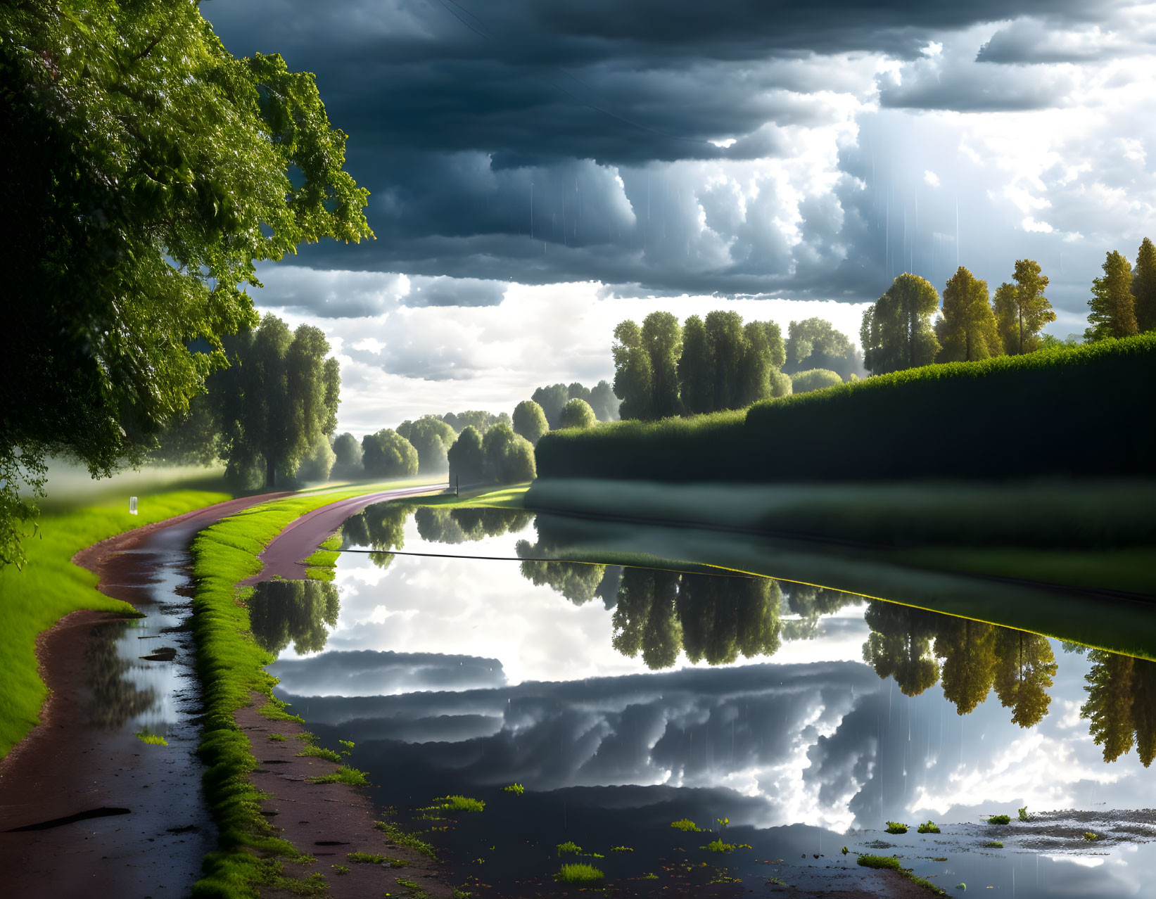 Tranquil landscape with winding path, calm water, row of trees, and dramatic sky