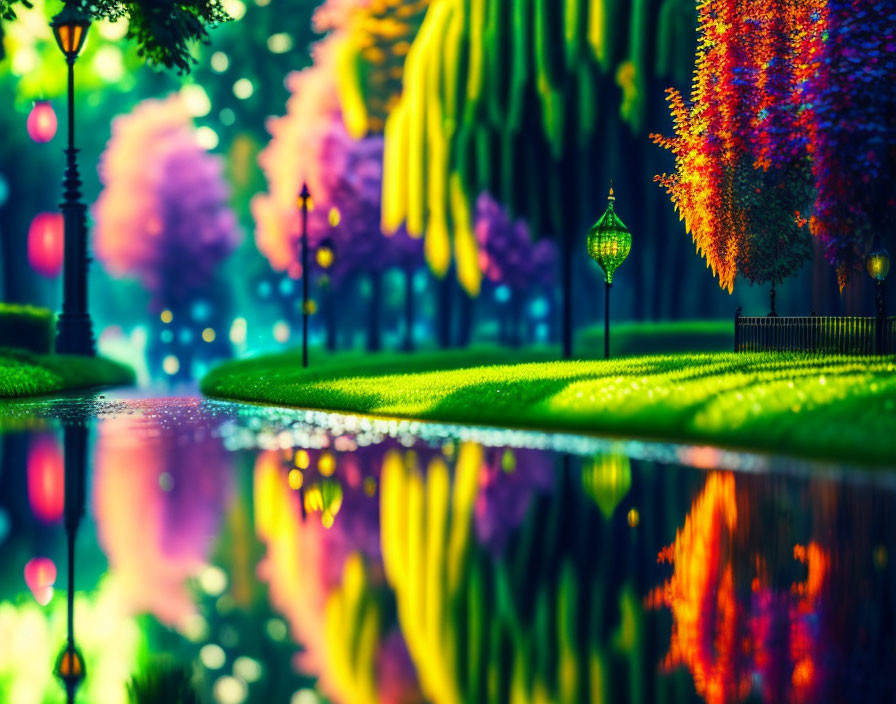 Colorful Garden Path with Flowers, Trees, and Street Lamps Reflected in Water