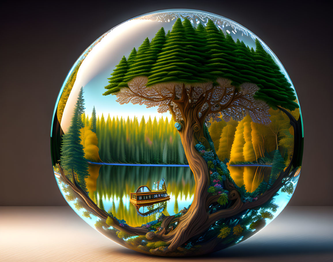 Spherical landscape artwork: Vibrant tree, serene lake, wooden pier