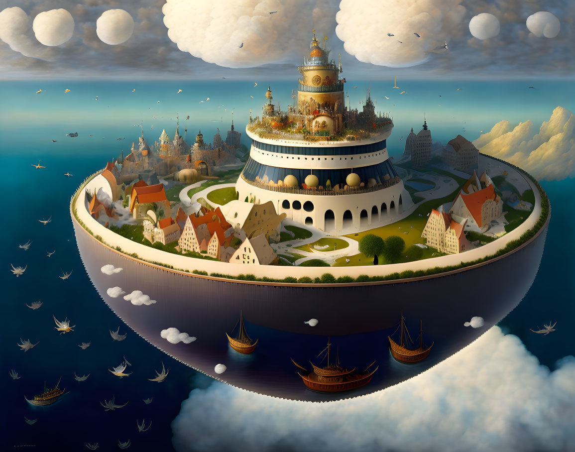 Floating city with golden palace, walls, ships, and clouds