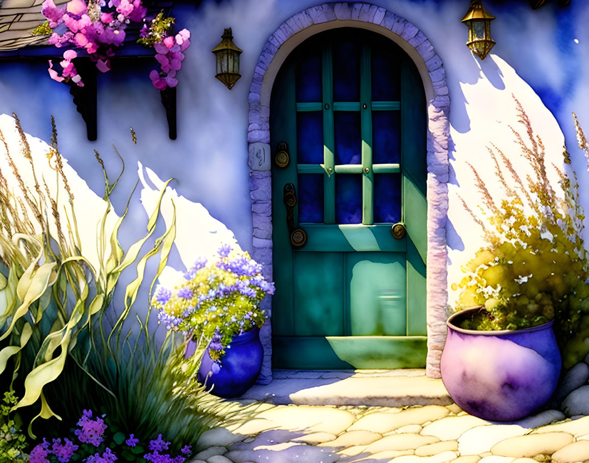 Vibrant illustration of teal doorway with colorful flowers under sunny sky