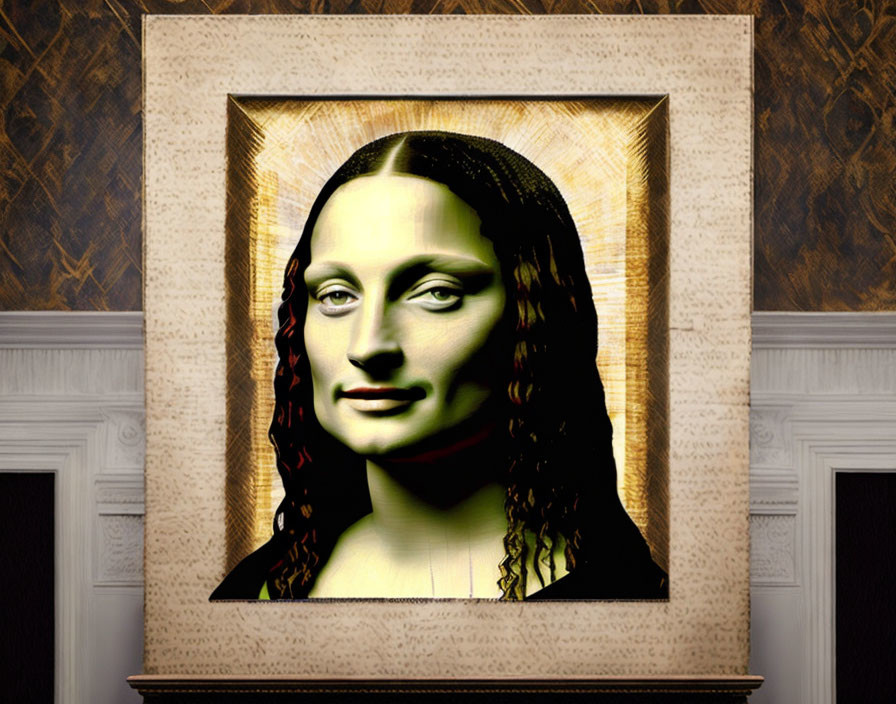 Exaggerated Mona Lisa in Gold Frame on Dimly Lit Wall