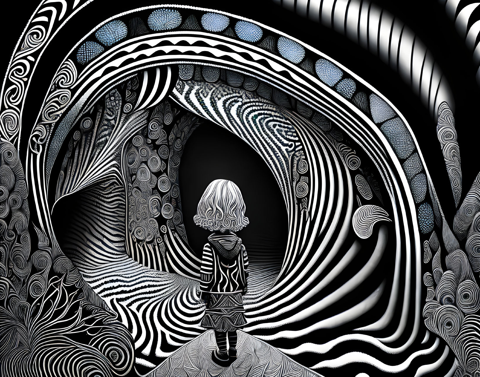 Child standing at surreal black and white tunnel entrance