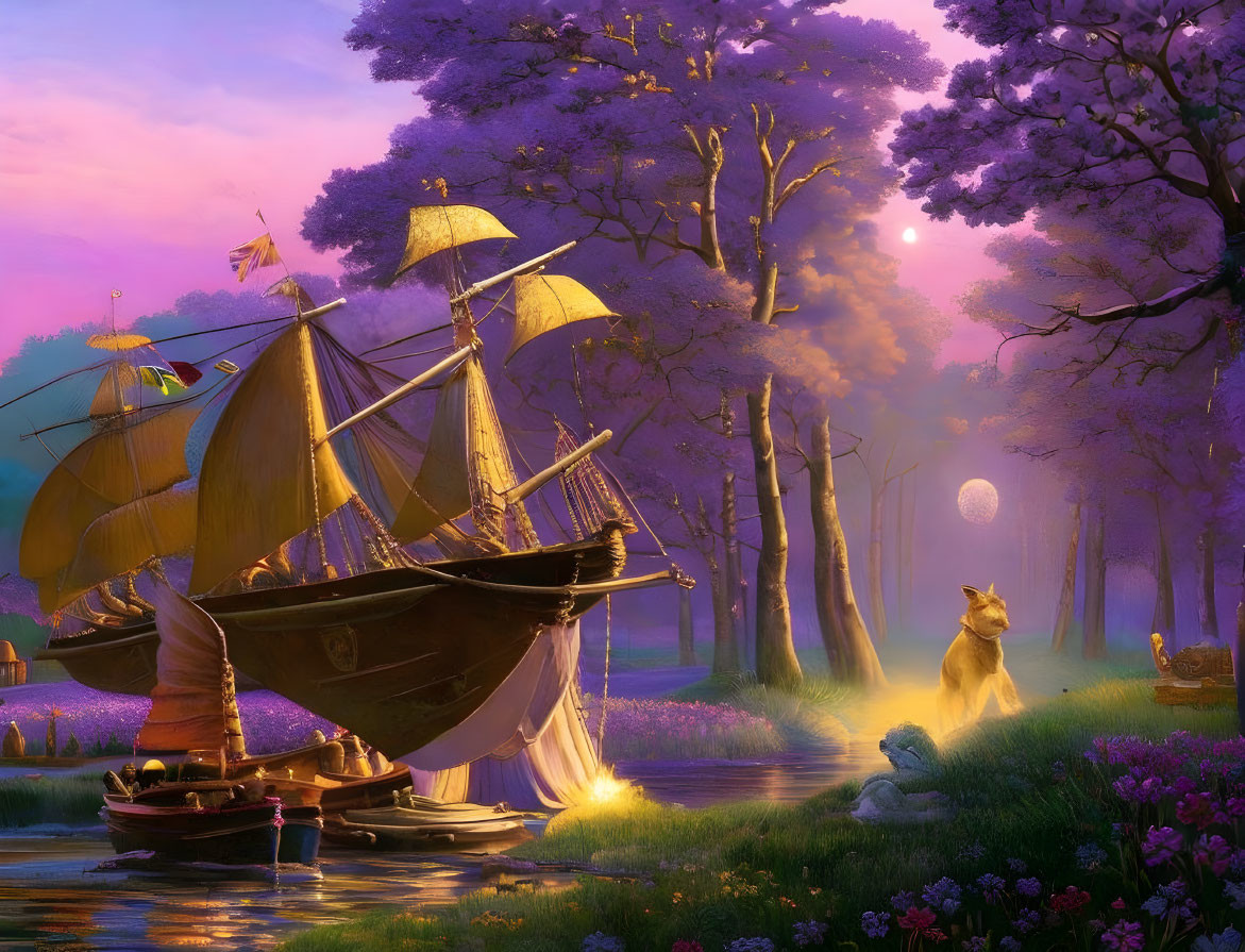 Gilded ship in mystical purple forest with glowing sunset and regal dog