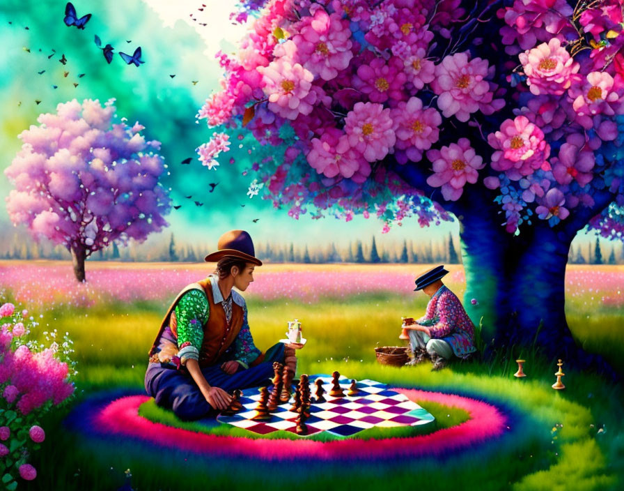 Colorful chess game under cherry blossom trees on vibrant blanket