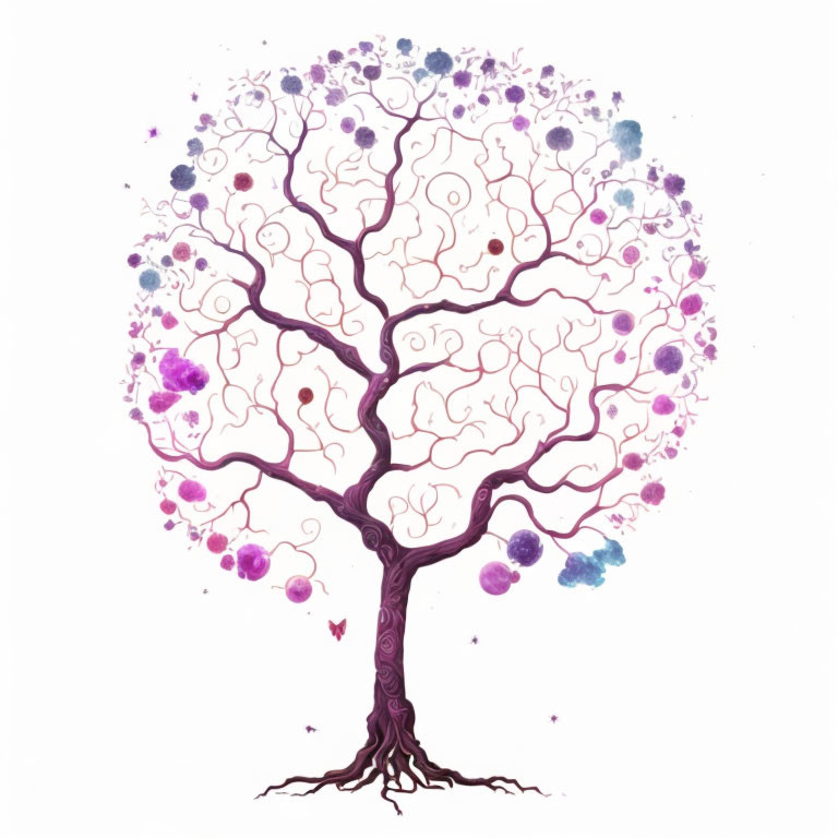 Colorful Tree Illustration with Whimsical Purple and Blue Foliage