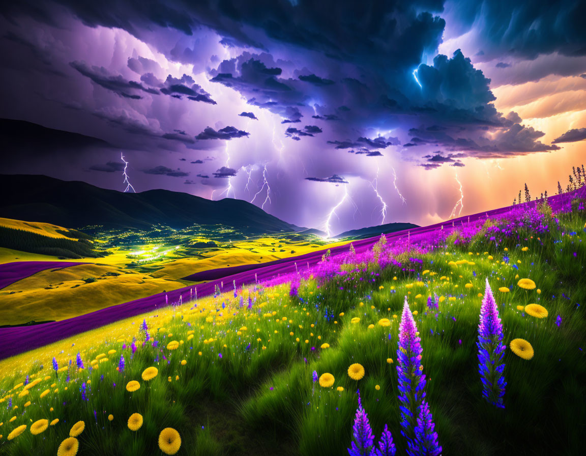 Dramatic sky with vibrant purple and yellow wildflowers