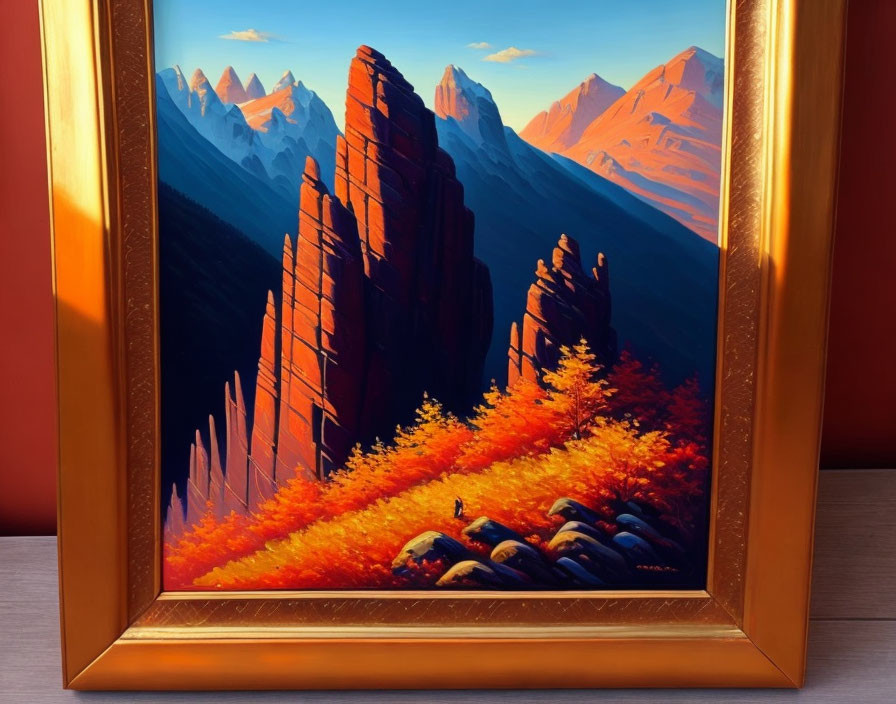 Autumn landscape artwork with red cliffs and mountain range