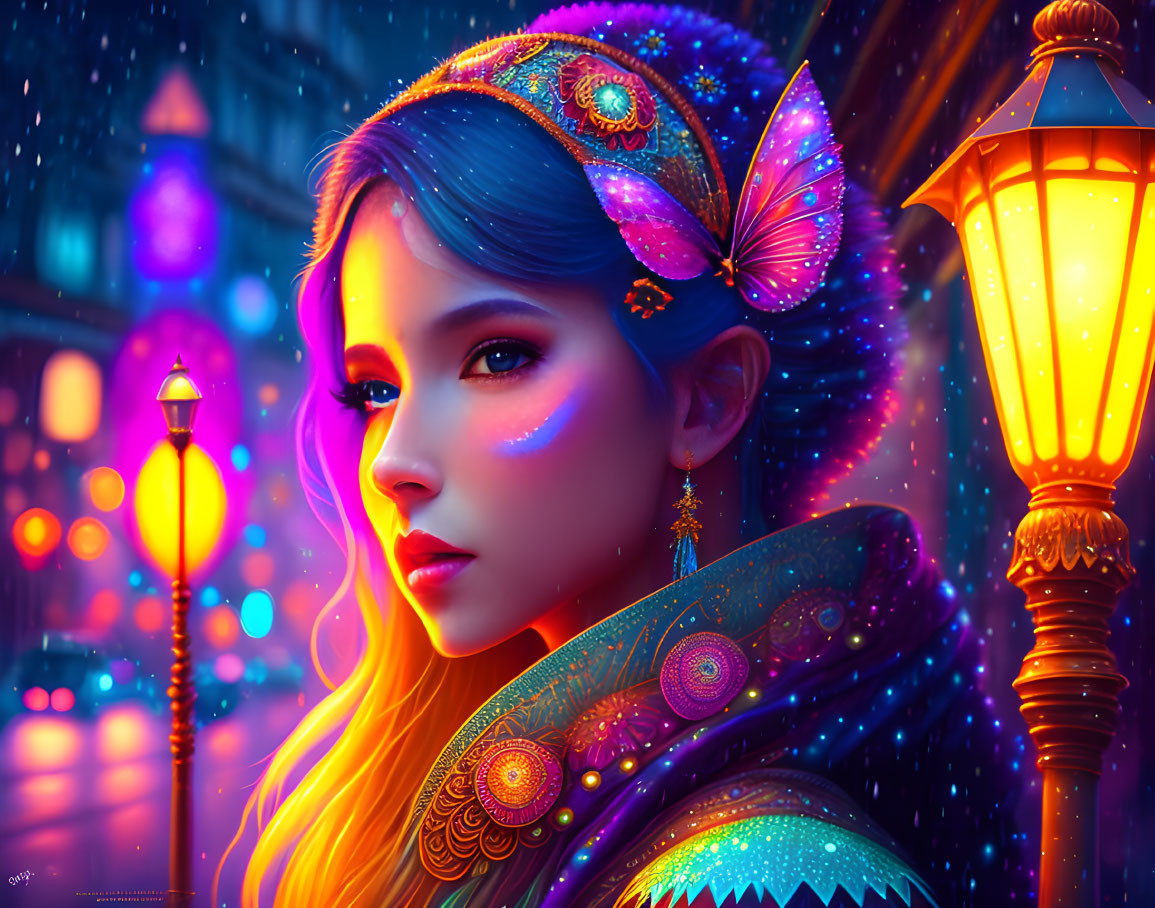 Colorful digital artwork: Woman with blue hair in ornate clothing, under street lamps on snowy night