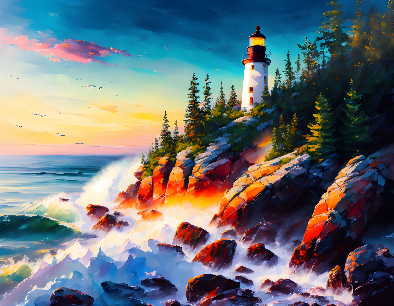 Scenic painting of lighthouse on cliff at sunset