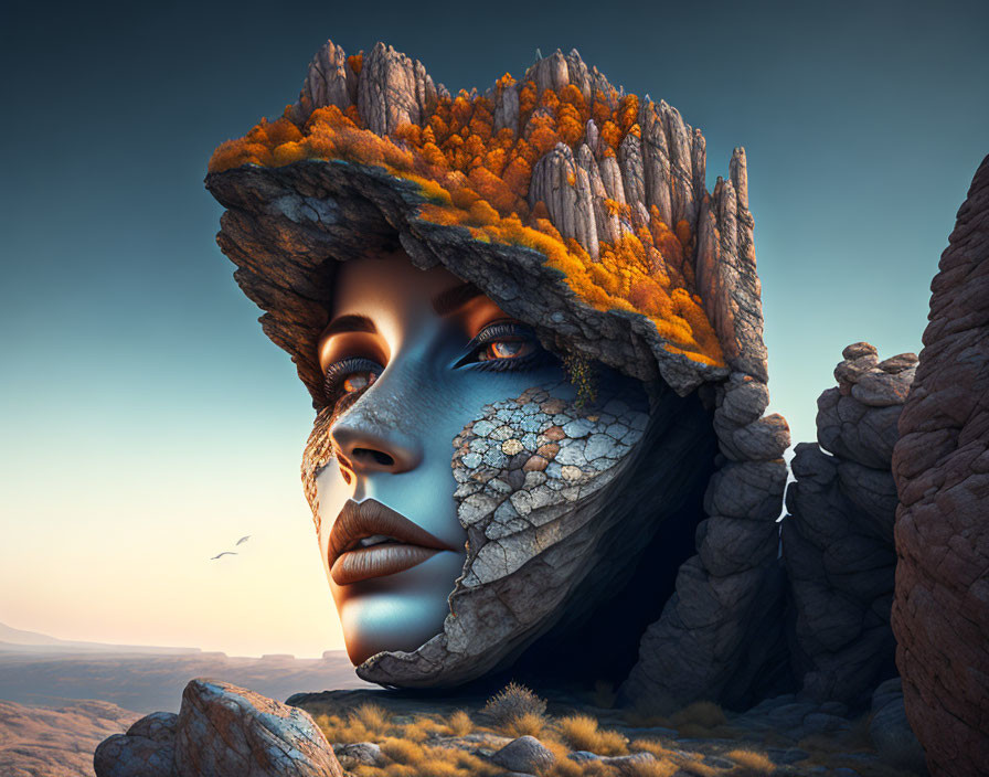 Woman's face merged with rocky terrain and autumn foliage in surreal image