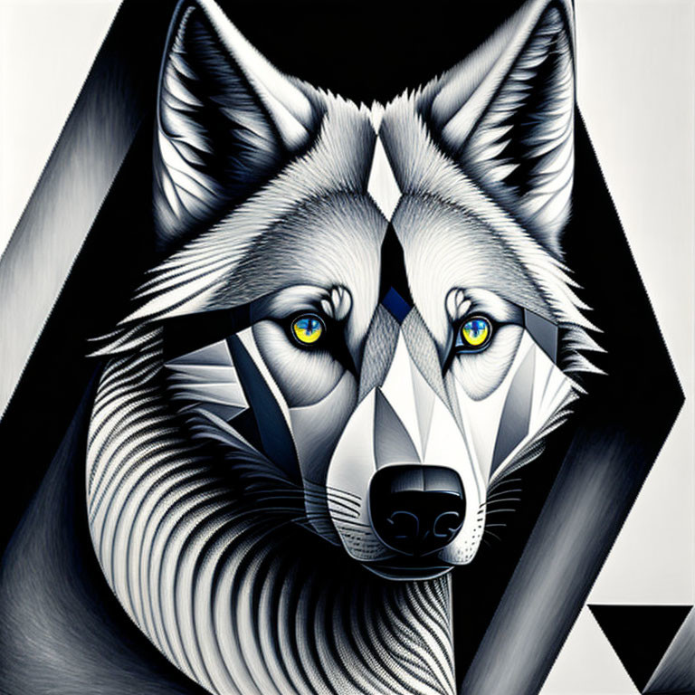 Geometric black and white wolf illustration with yellow eyes and intricate fur patterns