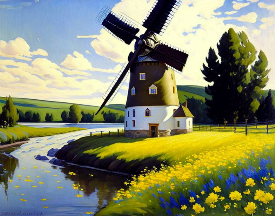 Traditional windmill painting with river and yellow flowers in vibrant landscape