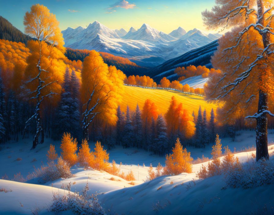 Golden autumn trees, snowy ground, distant mountains under blue sky