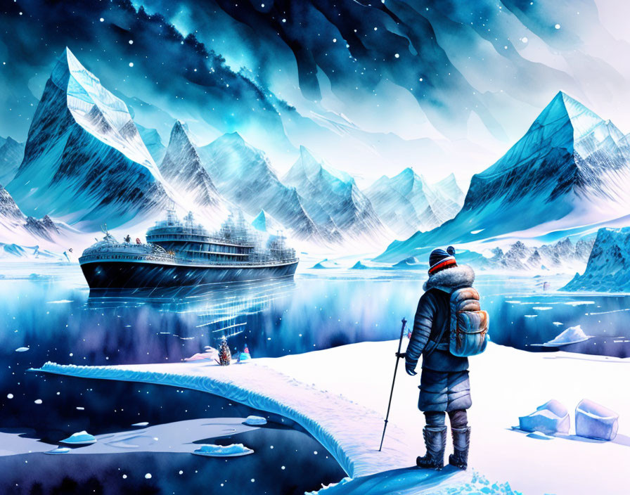 Person in Cold-Weather Gear Observing Ship Near Ice Mountains Beneath Aurora Sky