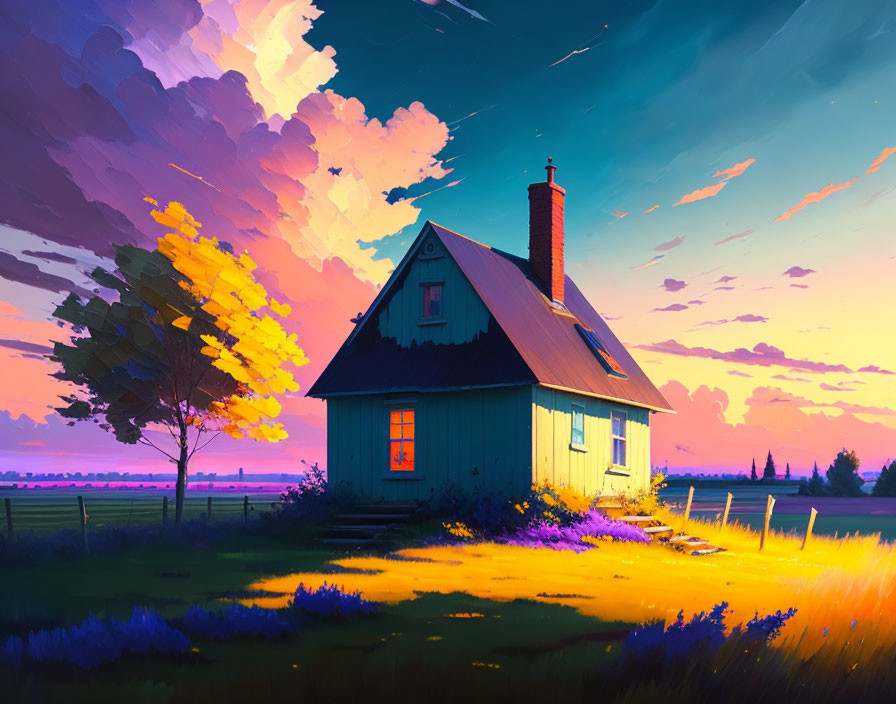 Colorful illustration: Cozy house, lush flora, dramatic sunset sky