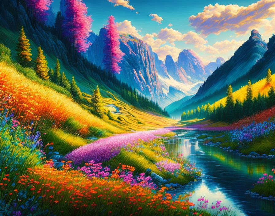 Colorful Landscape with Stream, Flowers, Greenery, and Mountains