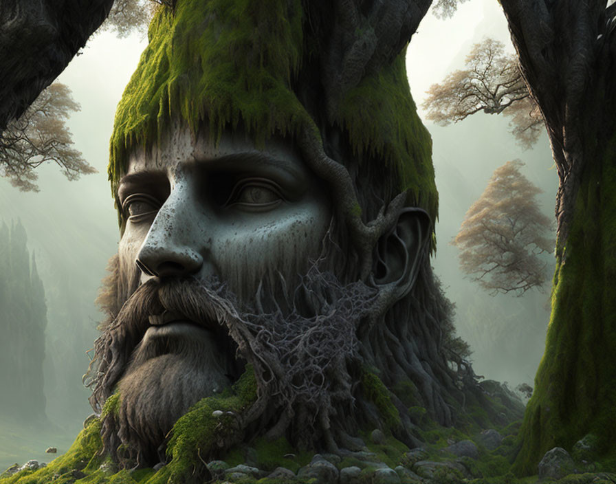 Mystical landscape with ent-like face in ancient, mossy forest