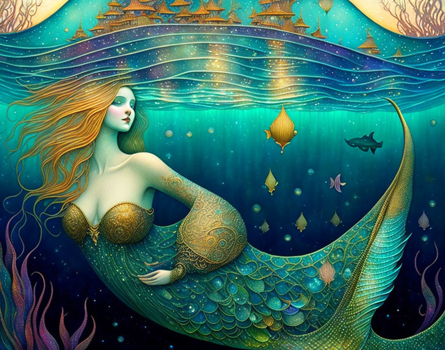 Mermaid with flowing hair swims among fish and Asian boats in underwater scene