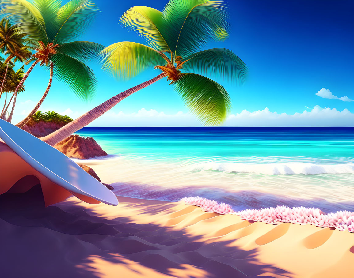 Tropical beach scene with surfboard, palm tree, pink coral, and clear blue water