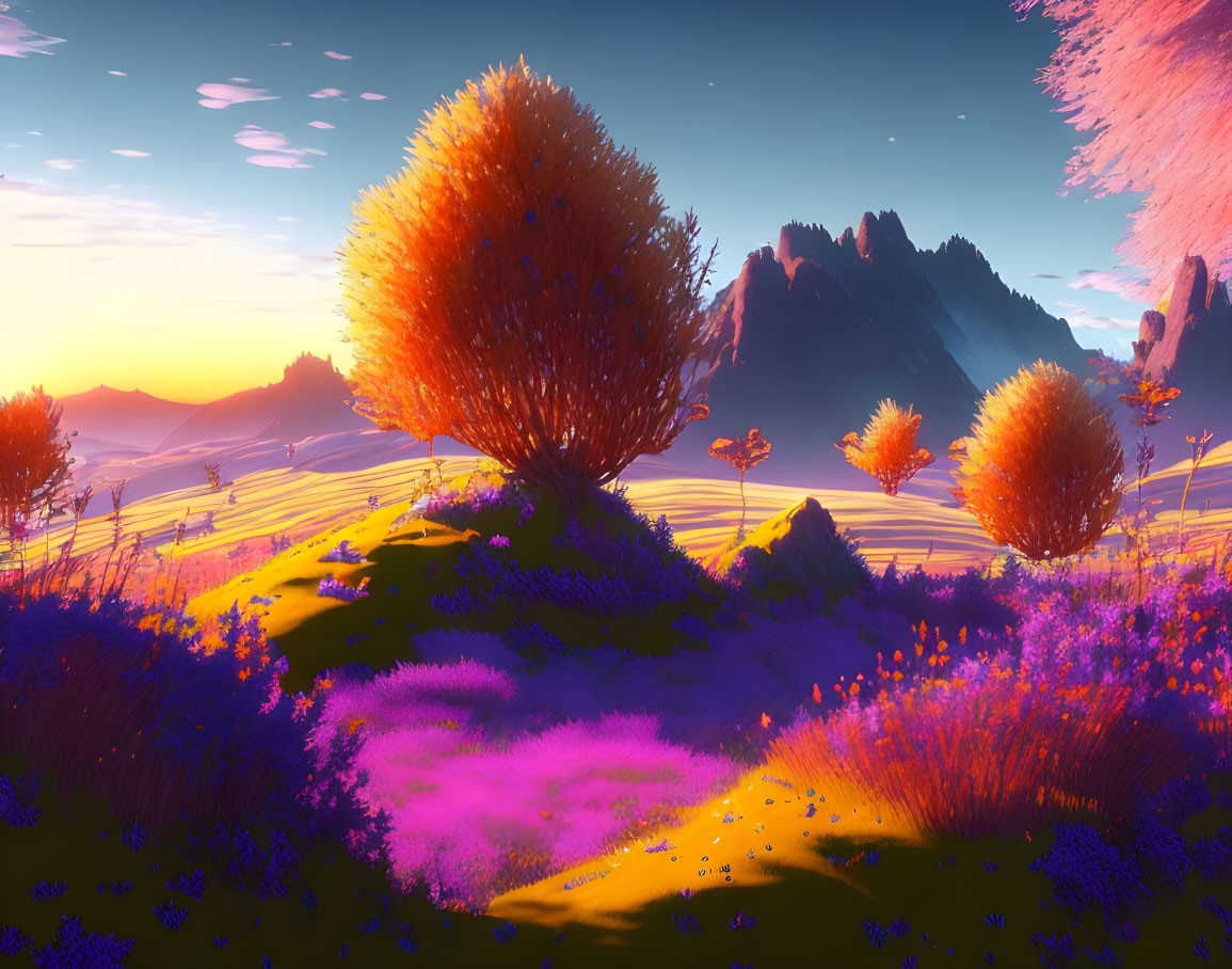 Colorful landscape with orange trees, purple flora, and sunset mountains