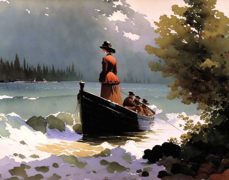 Vintage-style illustration of person in orange dress by serene lake with boat and mountains