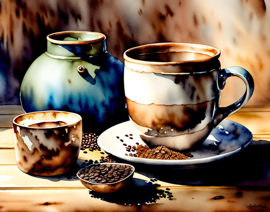 Classic Still Life Painting with Coffee Cup, Saucer, Bowl, and Jug on Wooden Surface