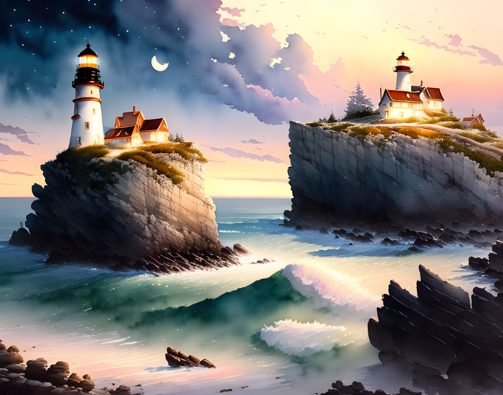 Moonlit Dusk Scene: Lighthouses on Cliff Islands with Crashing Waves