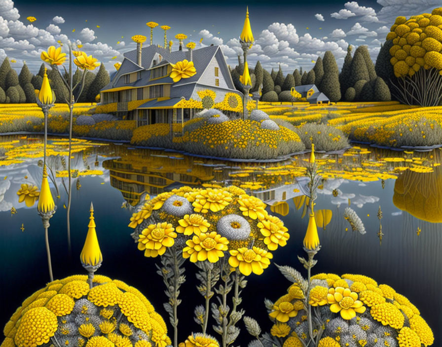 Vibrant yellow-themed surreal landscape with house, flowers, trees, and reflection in water