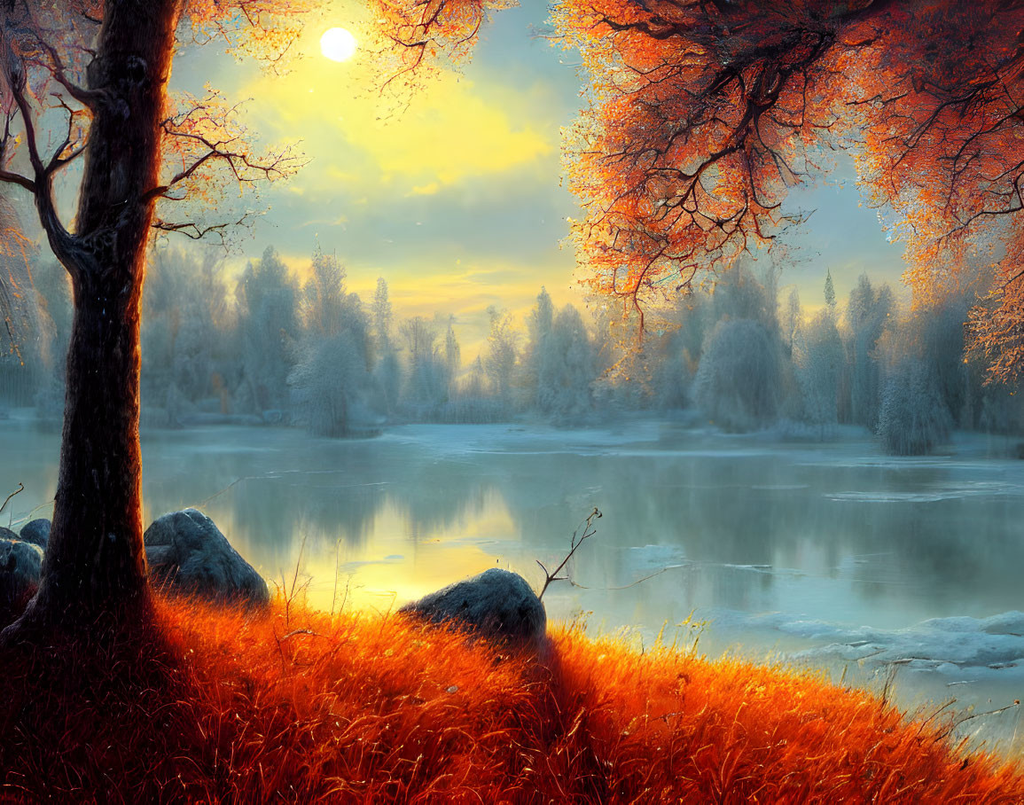 Fiery red-orange foliage and serene lake under warm sunrise