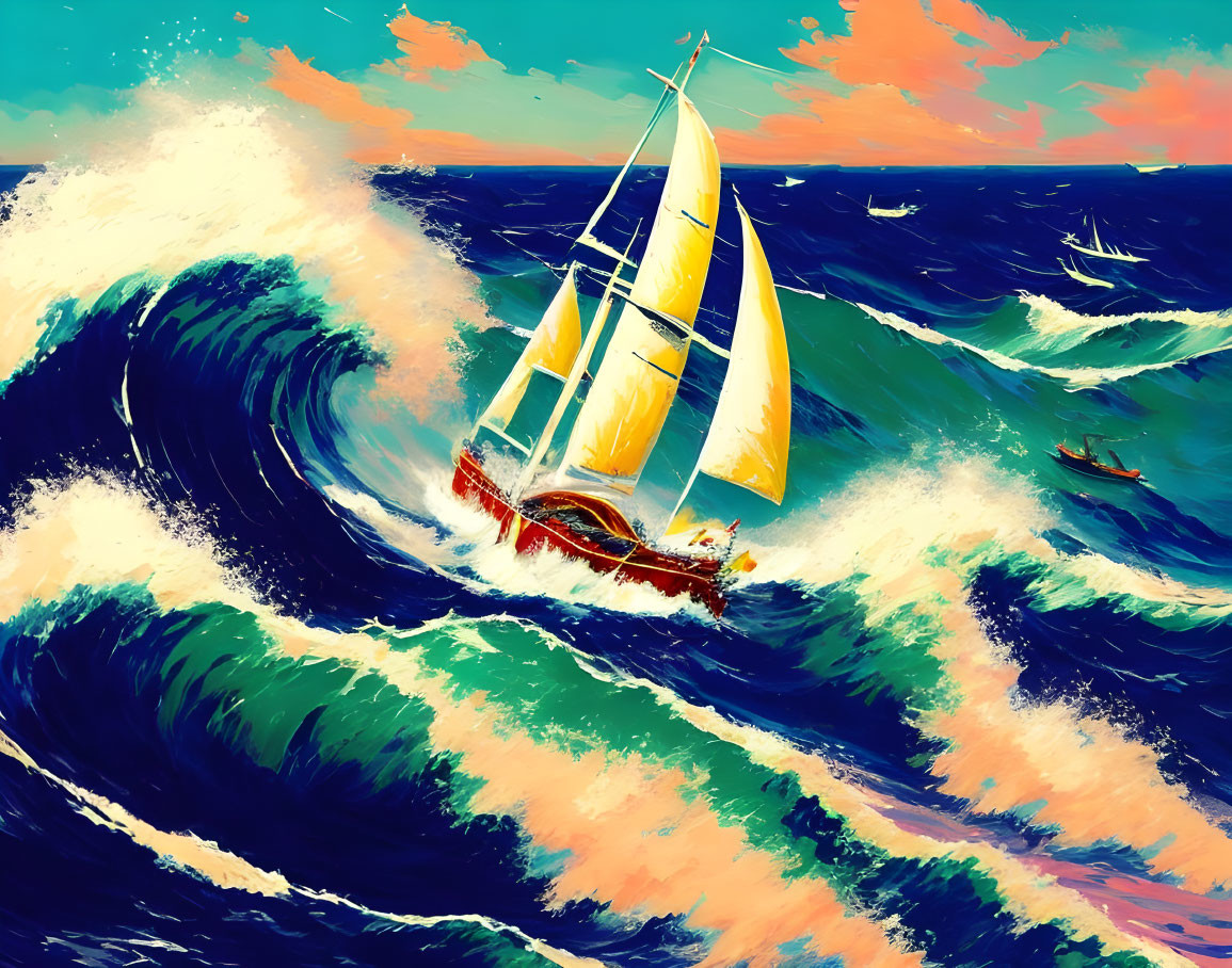 Yellow sailboat battles turquoise waves under orange sky in dramatic seascape