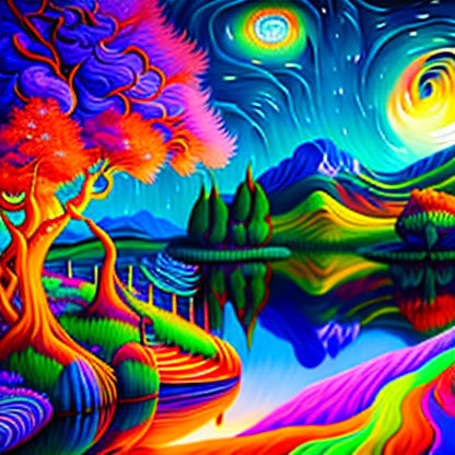 Colorful Psychedelic Landscape with Swirling Skies and Reflective Water