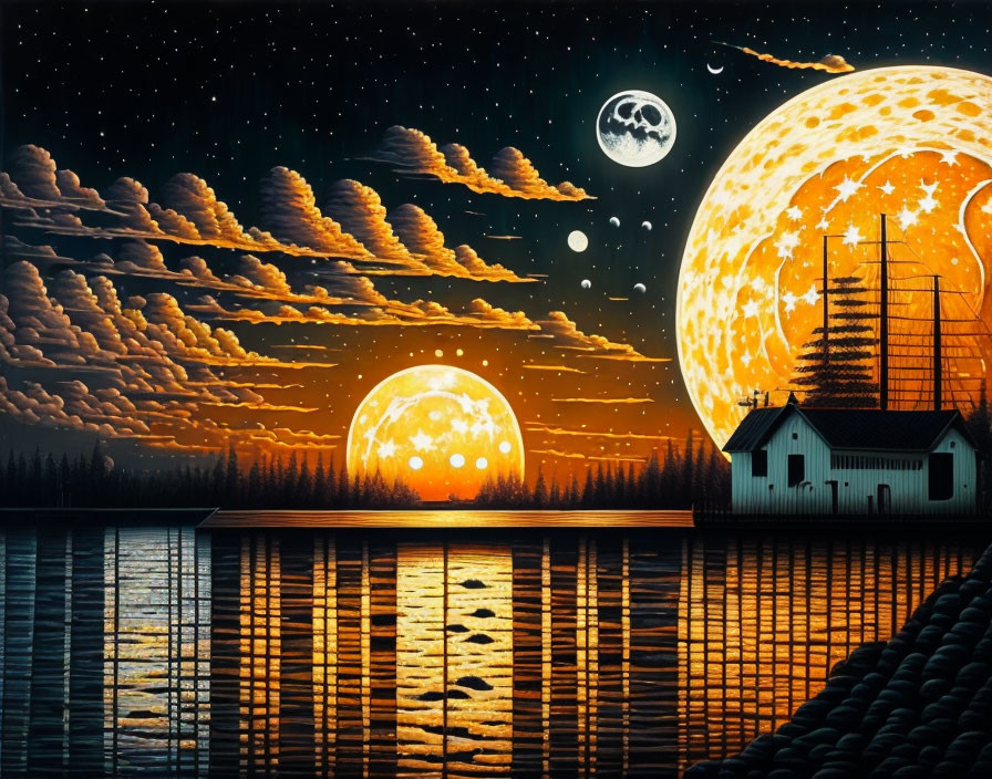 Fantasy landscape with two moons, starry sky, ship silhouette, trees, house by water,