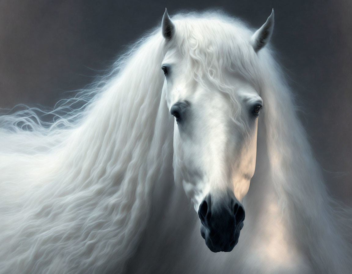 White Horse with Flowing Mane on Dark Background