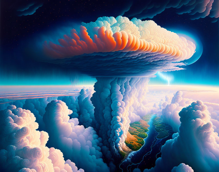 Surreal artwork: Giant mushroom cloud in colorful sky