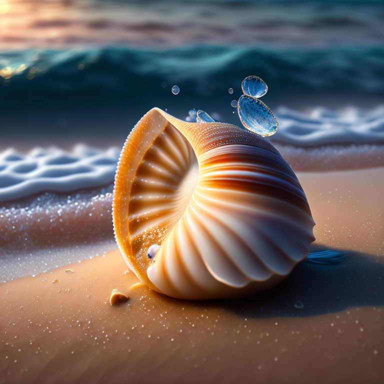 Seashell on Beach with Water Droplets and Gentle Waves