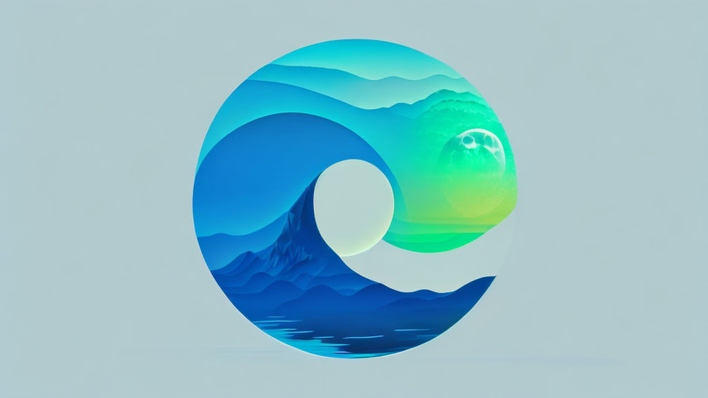 Circular Frame Wave Artwork with Blue Green Gradient & Sun Detail