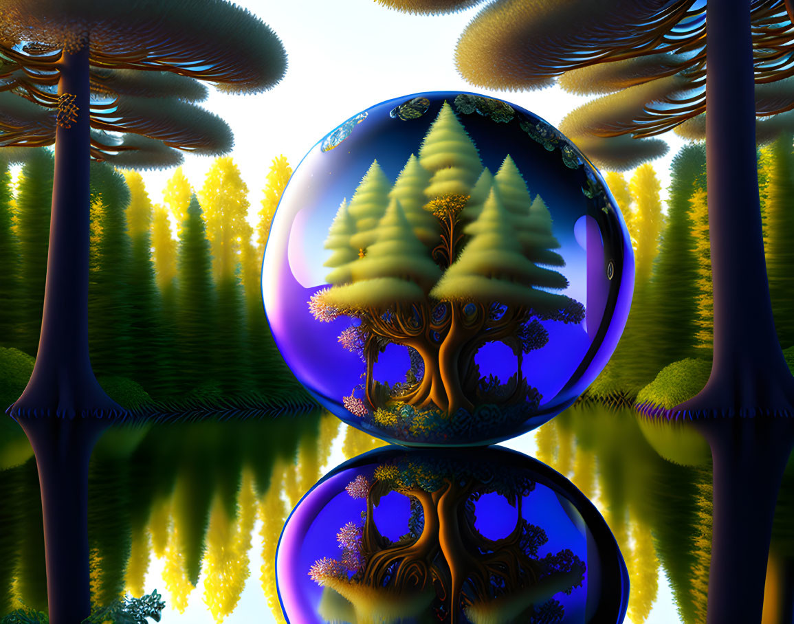 Surreal landscape with mirrored trees, giant mushrooms, and glowing sky