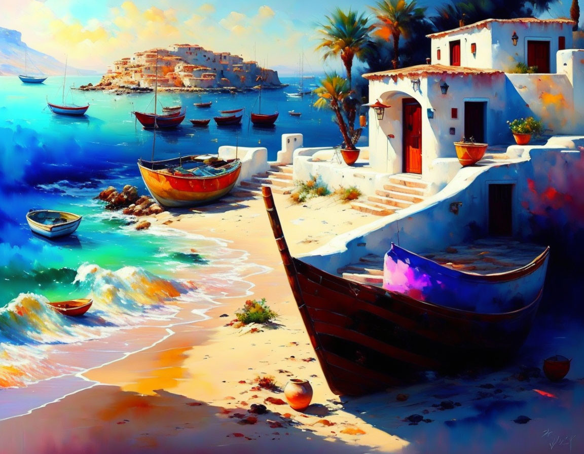 Coastal village painting: clear blue sky, white buildings, boats, calm sea