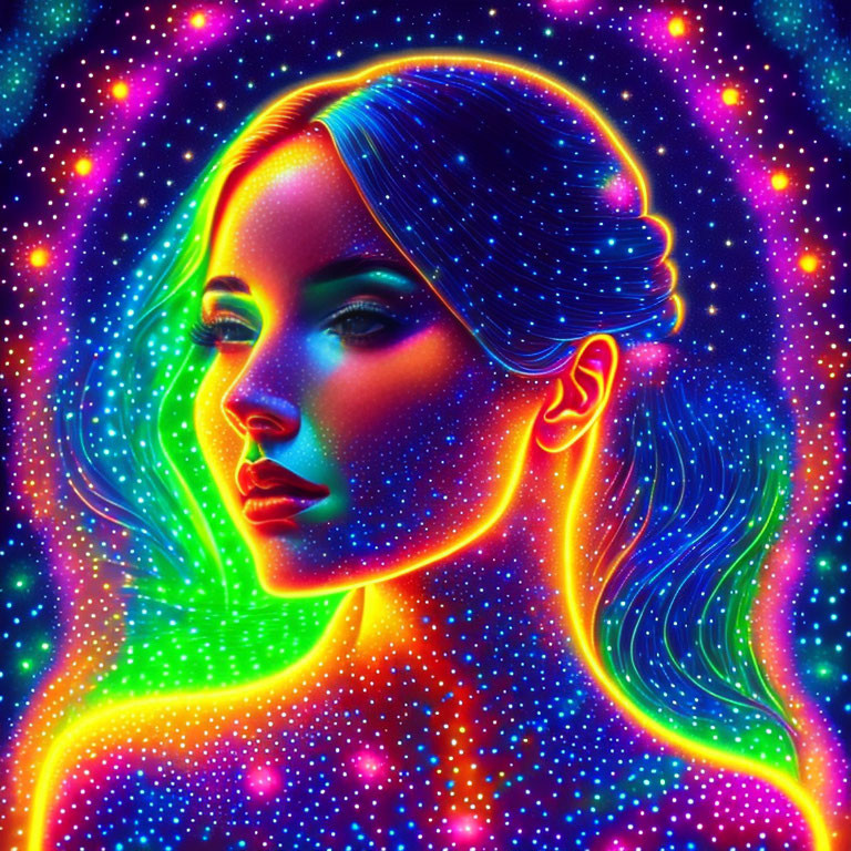 Colorful digital artwork: Woman with neon contours on cosmic backdrop